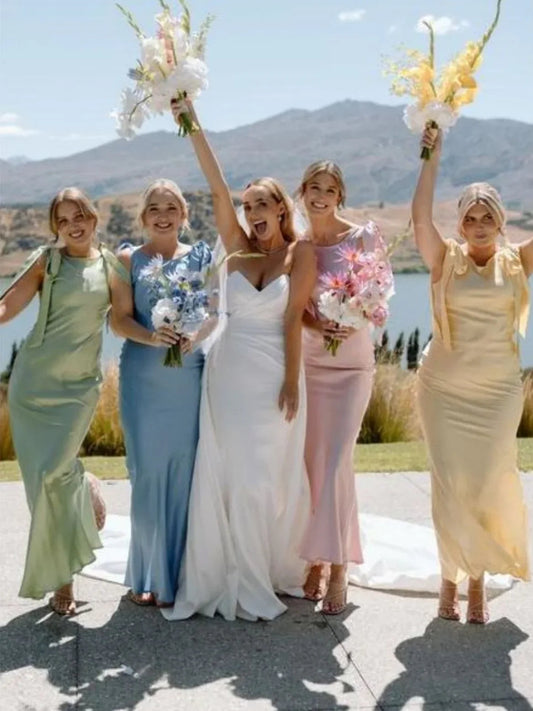 Pastel satin bridesmaid dresses, sleeveless bateau neckline, A-line, floor-length