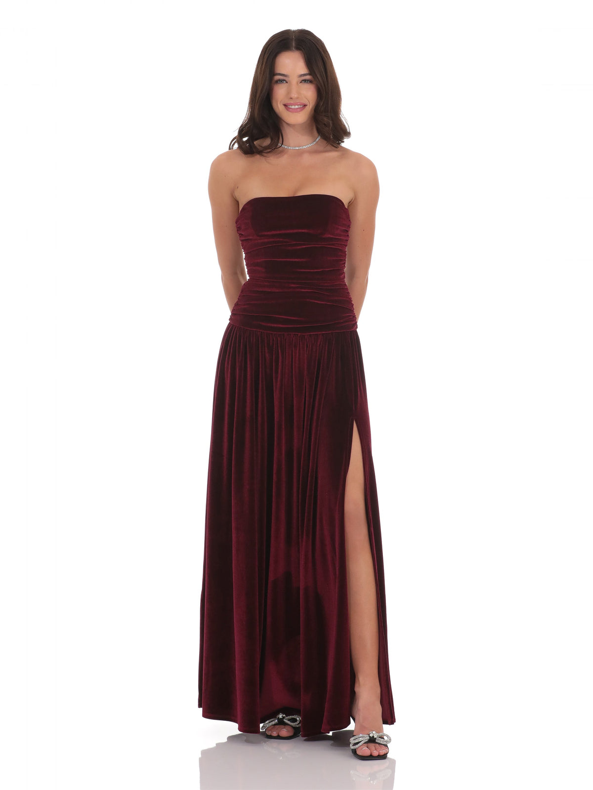 Wine bridesmaid dress with drop-waist silhouette