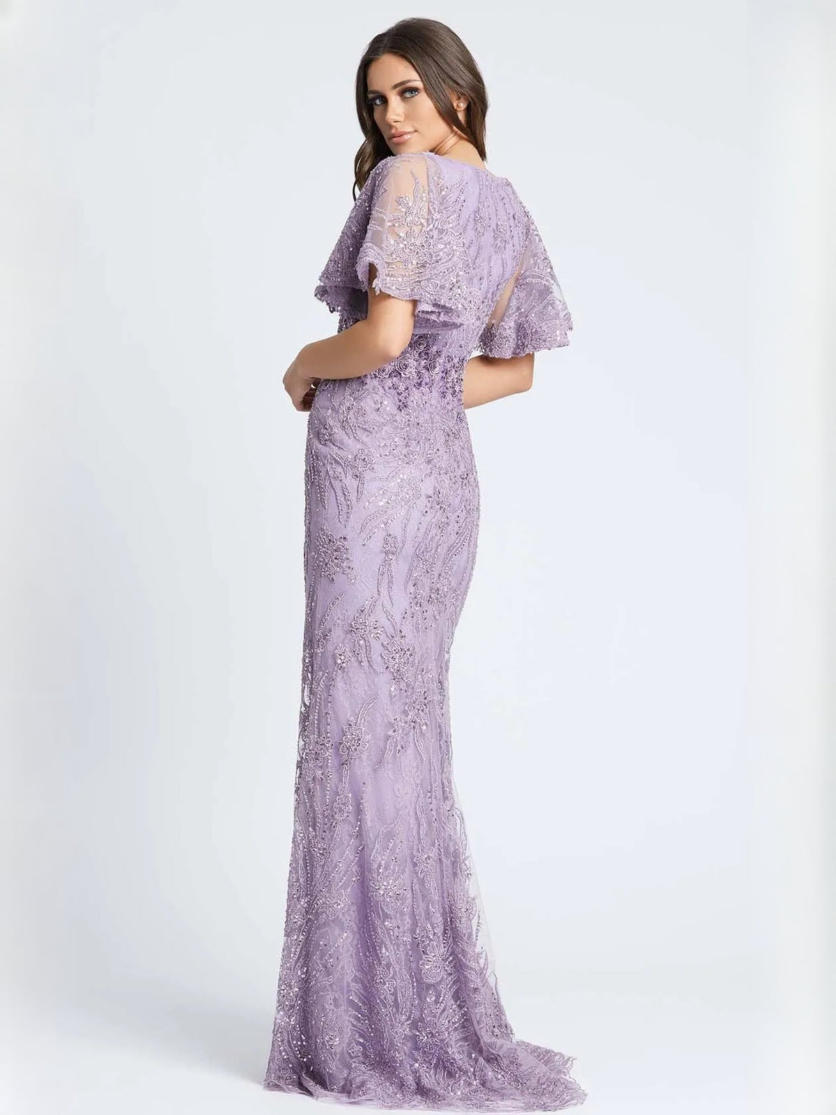Lilac beaded lace tulle mermaid formal dress with V-neck and open back, short flutter sleeves