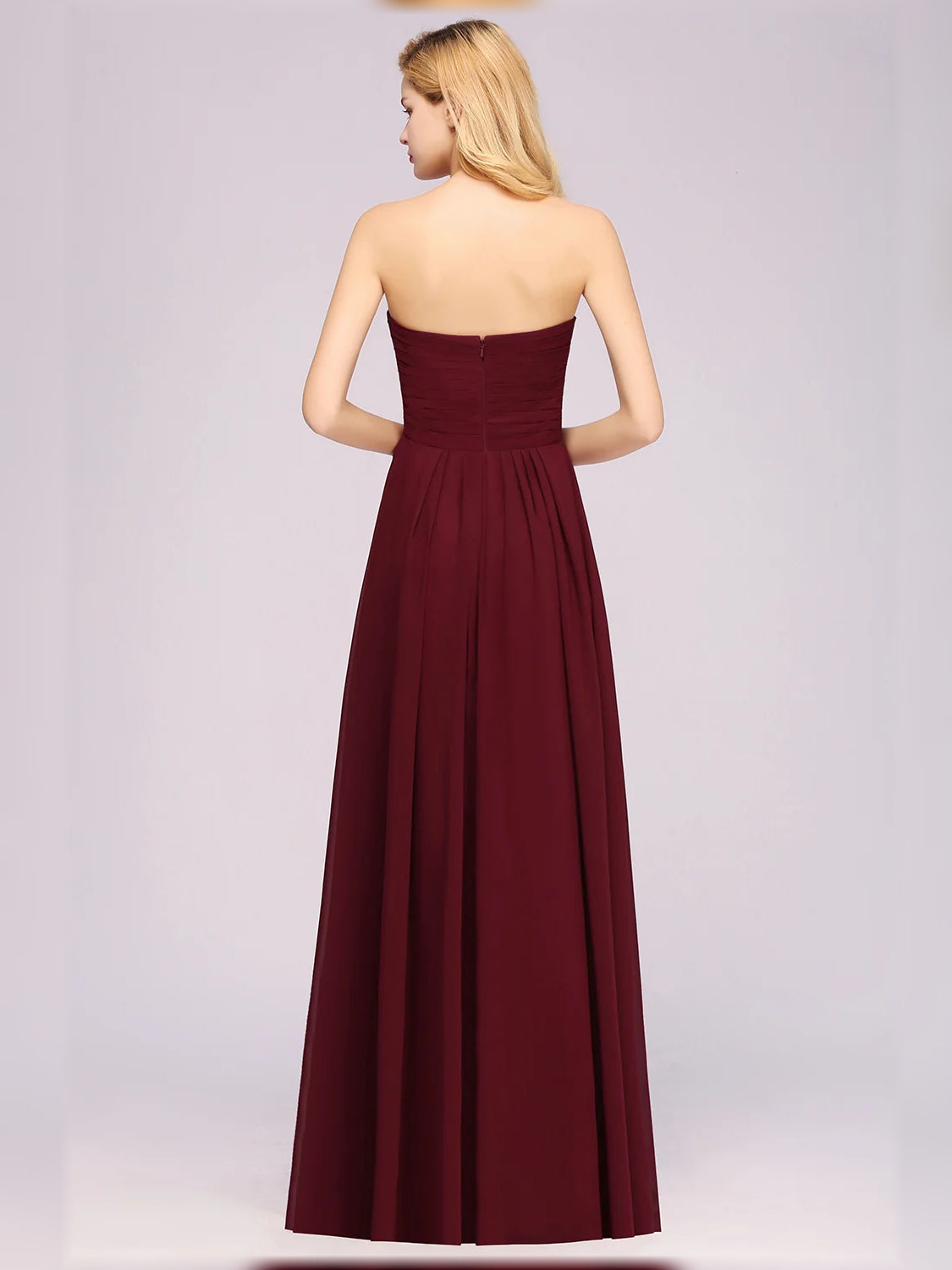 Burgundy A-line chiffon bridesmaid dress, strapless bodice, gathered waist, back view