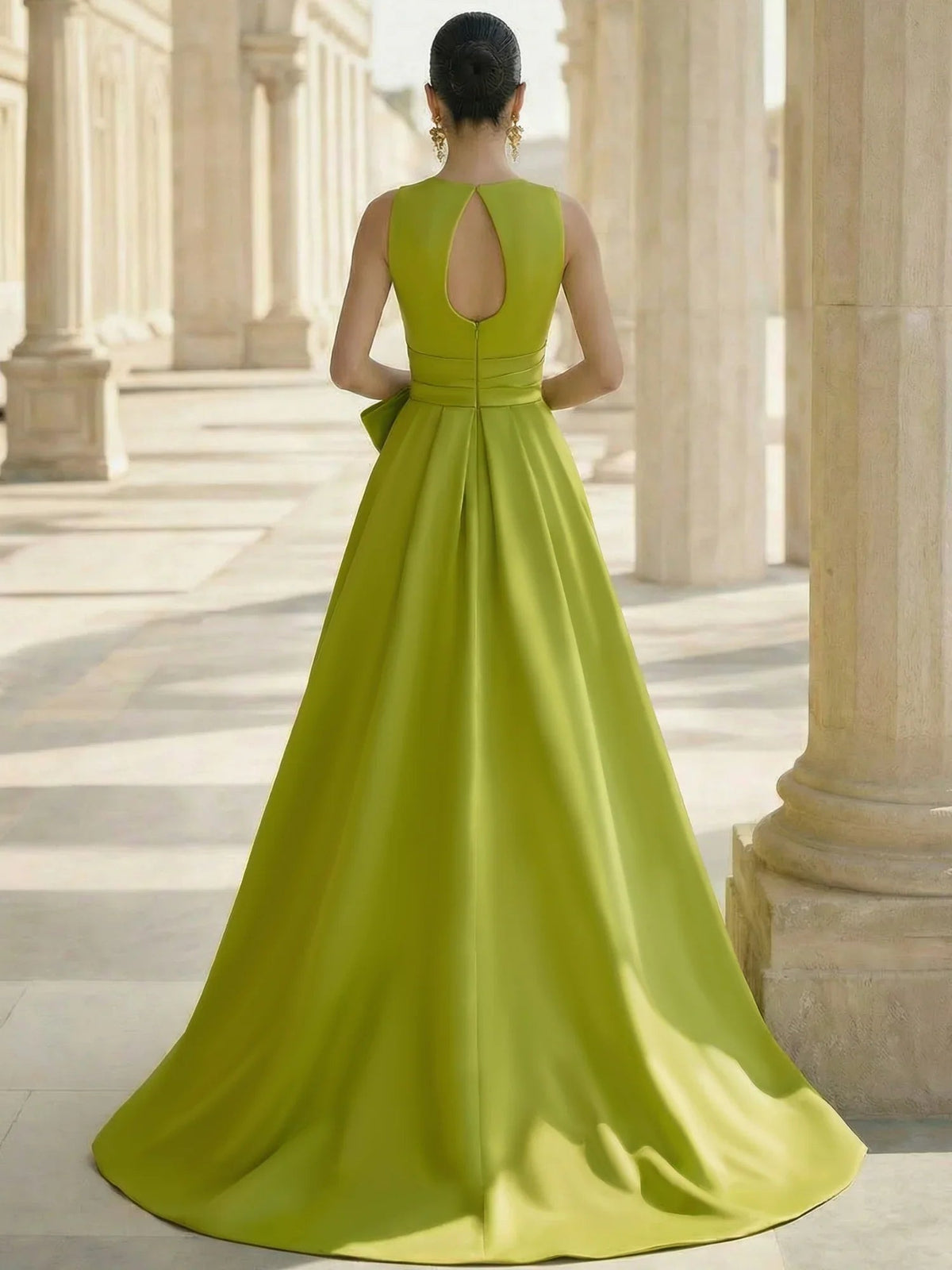 Olive green satin V-neck A-line formal dress with open back, sleeveless waist tie