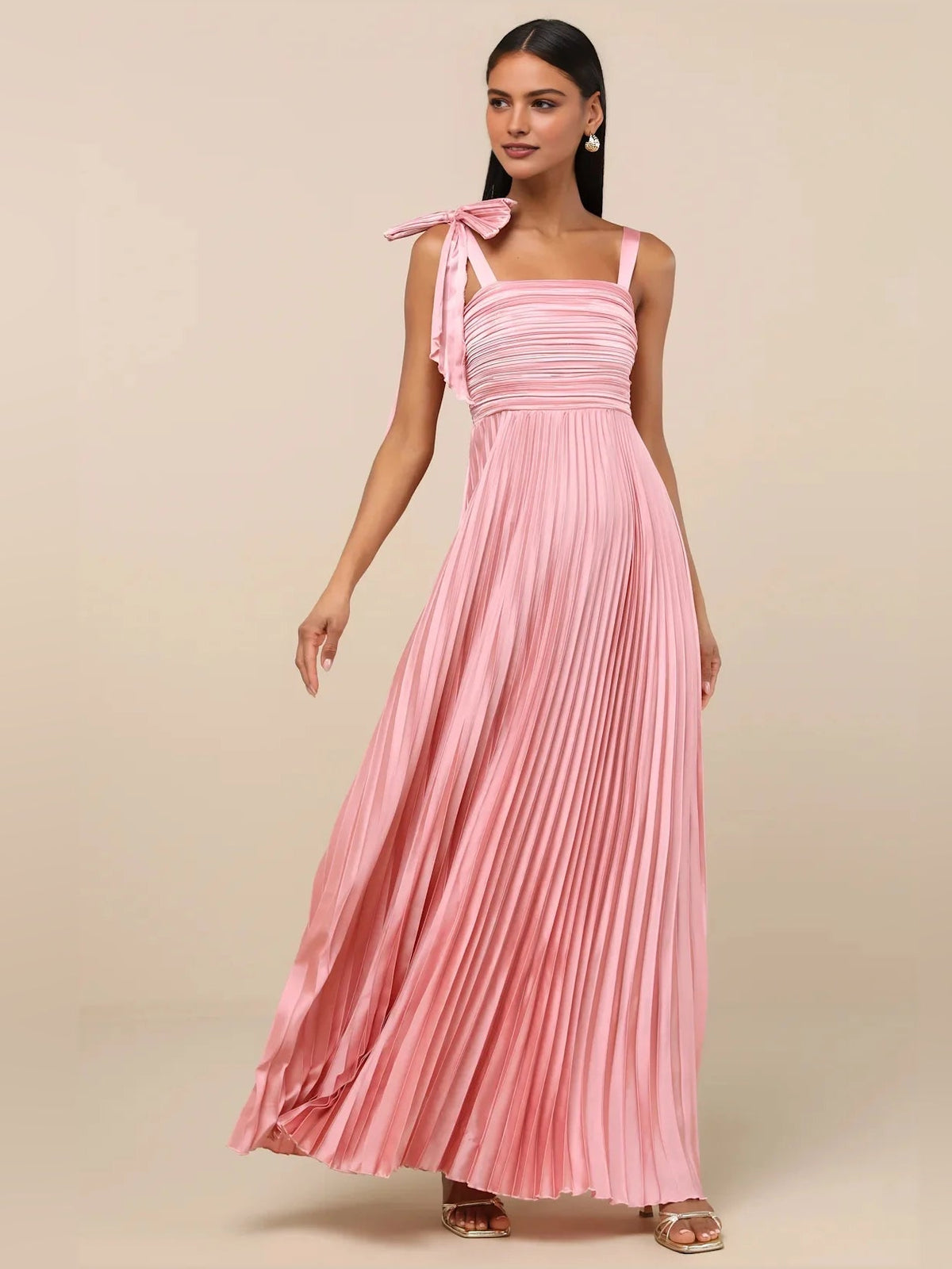 Blush pink satin A-line maxi dress with square neckline, ruched striped bodice, pleated skirt