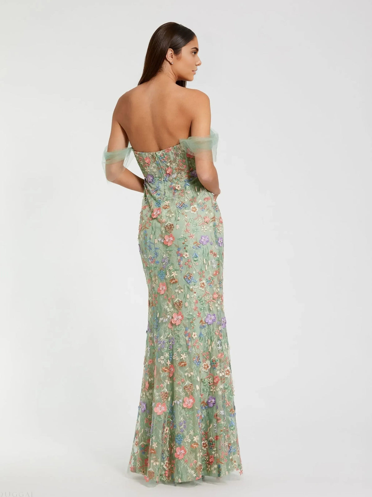 Floral off-shoulder mermaid maxi dress back view, light green with pink floral print