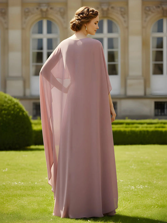Dusty rose chiffon ball gown, back view, cape sleeves and flowing floor-length silhouette