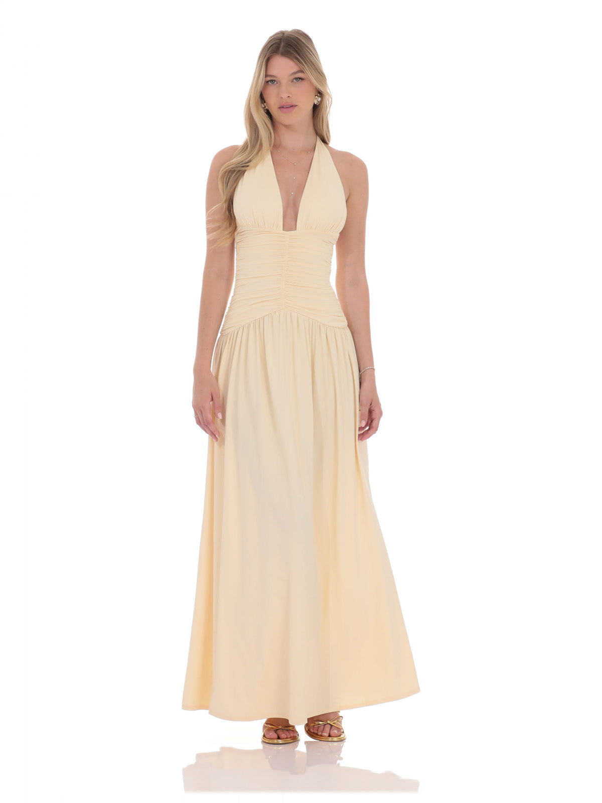 Beige bridesmaid dress with halter neck neckline