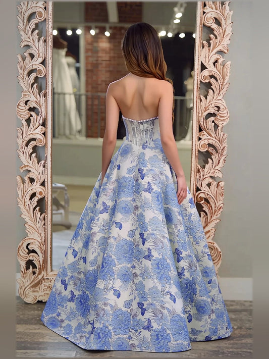 Blue sweetheart strapless corset maxi formal dress, open-back floral jacquard