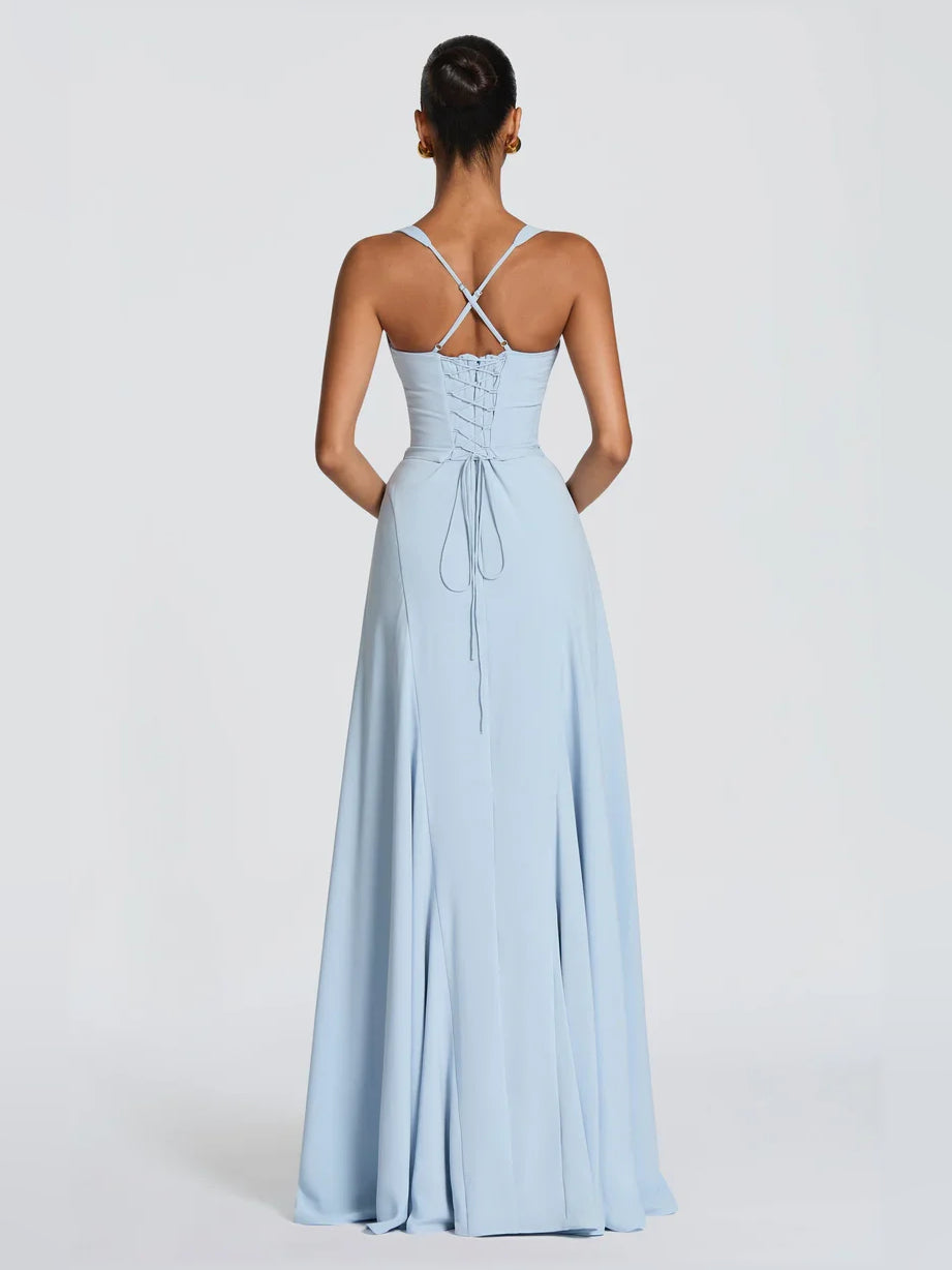 Light blue A-line formal dress, open back with cross straps, floor-length skirt