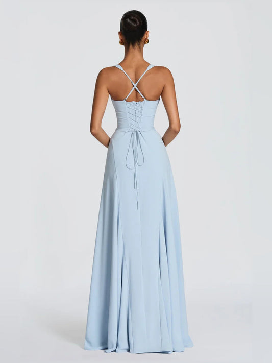 Light blue A-line formal dress, open back with cross straps, floor-length skirt