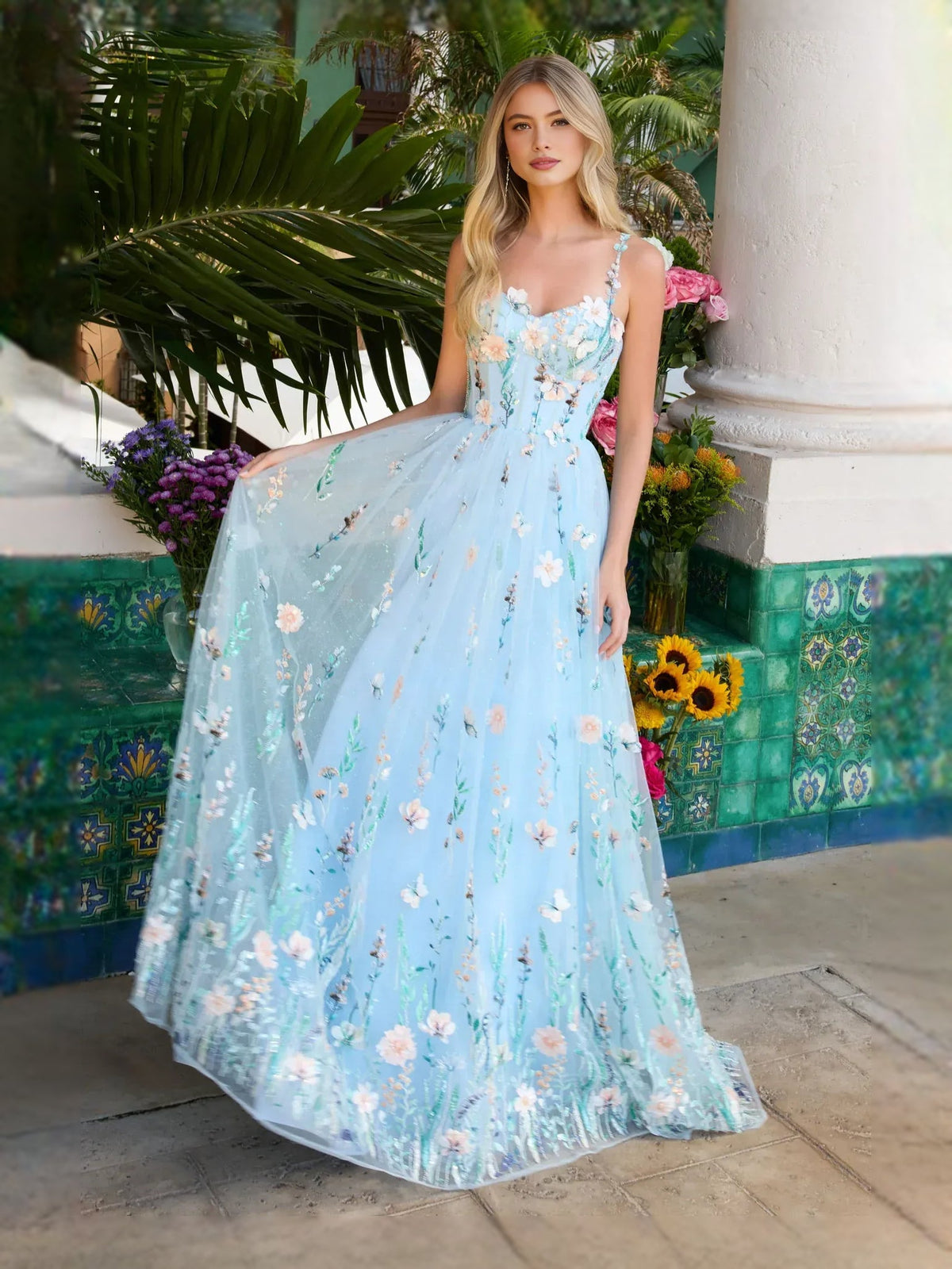 Light blue A-line tulle prom dress with floral applique embroidery, V-neck and spaghetti straps