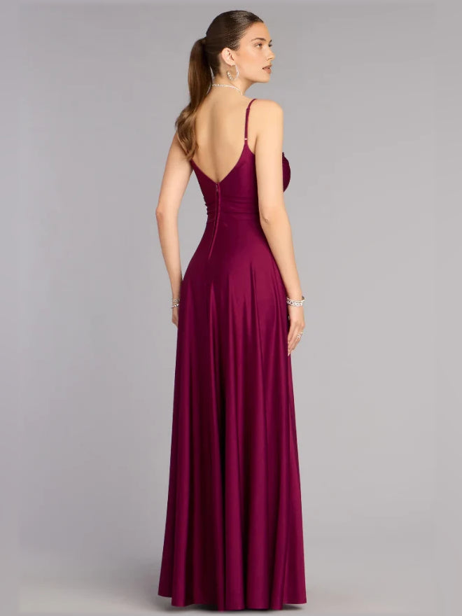 Plum V-neck A-line prom dress with open back, spaghetti straps, long skirt