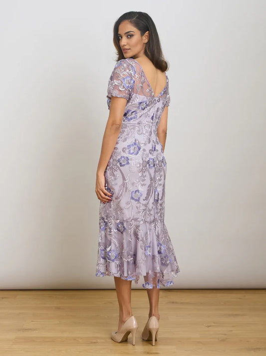 Lavender floral embroidered midi dress with square neckline and mermaid silhouette