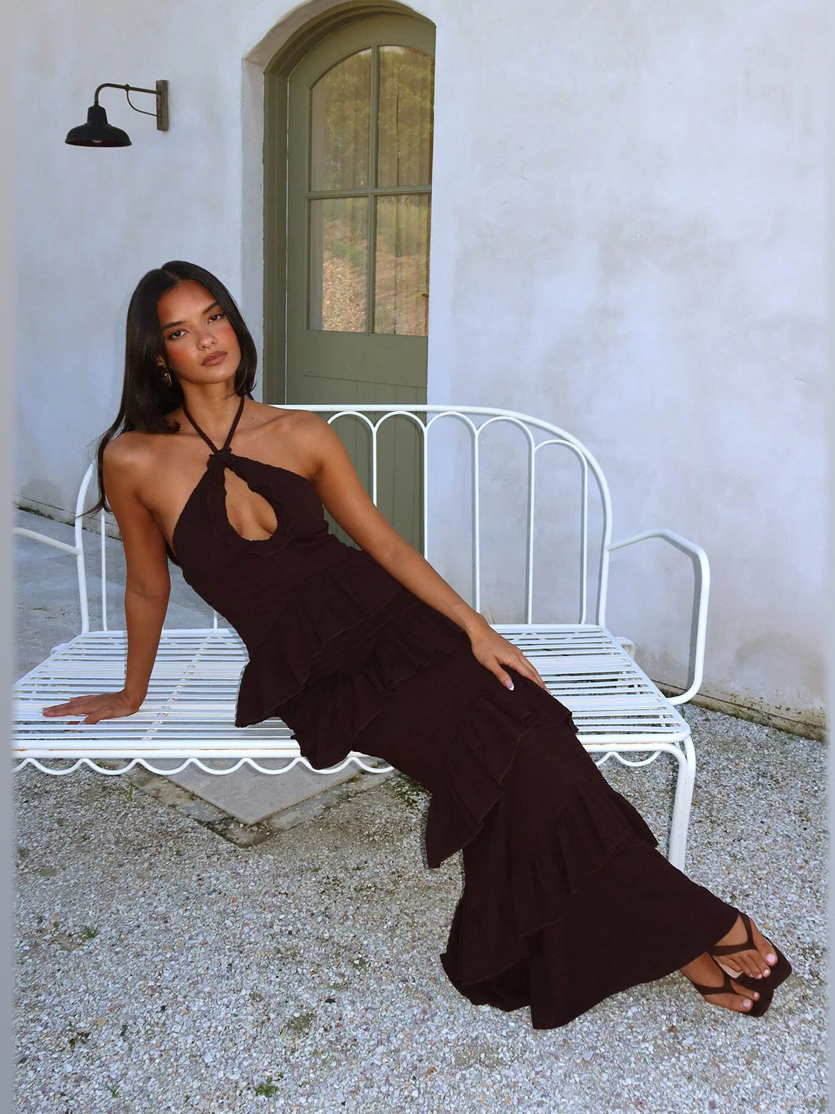 Chocolate formal dress with halter neck neckline
