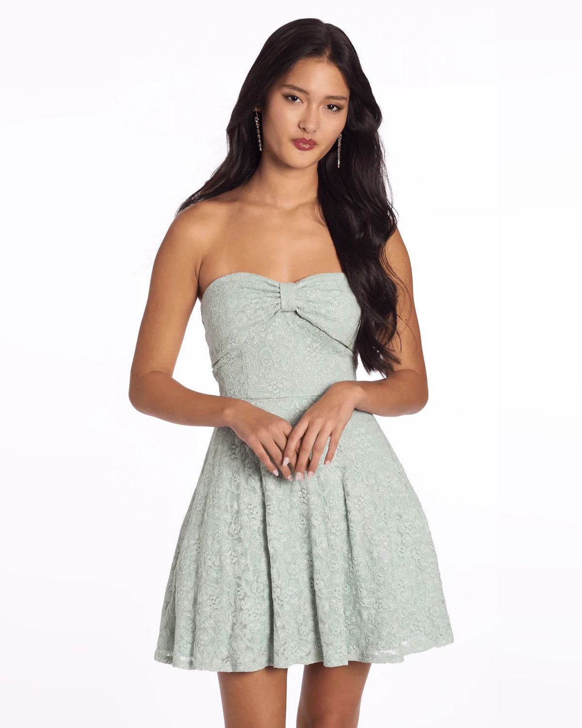 Sage strapless fit-and-flare lace homecoming dress with bow detail, front view