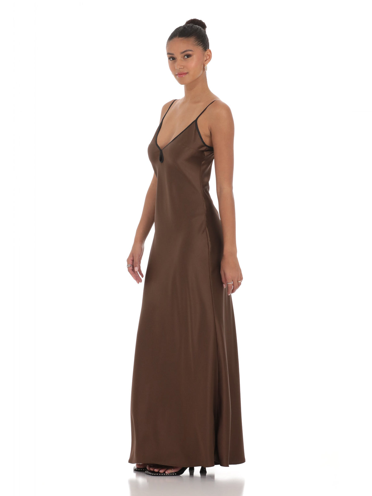 Brown A-line satin maxi dress with thin spaghetti straps and V-neck
