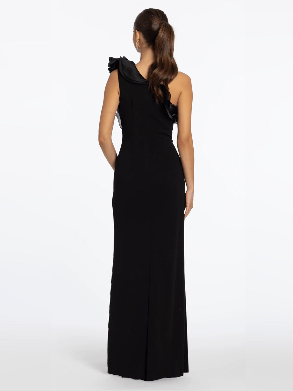 Black one-shoulder sheath formal dress, floor-length with ruffled shoulder detail