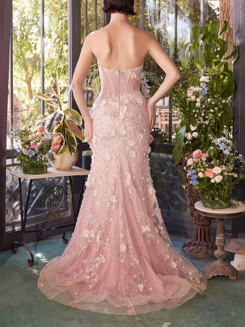 Blush pink strapless low-back mermaid prom dress with floral beadwork and side slit
