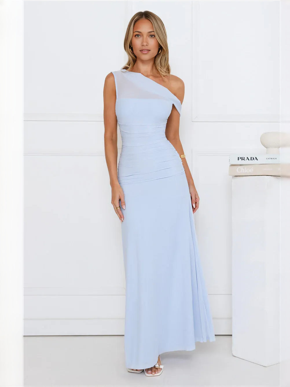 Sky blue ruched one-shoulder maxi sheath dress with draped asymmetrical neckline