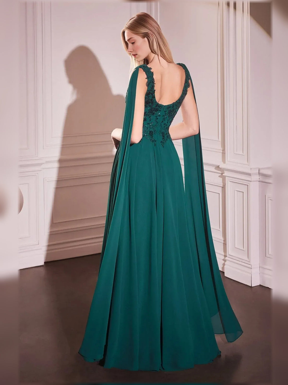 Teal beaded A-line floor-length formal dress, scoop-back sleeveless style