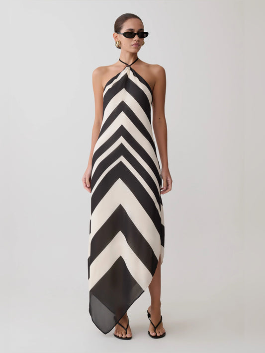 Satin halter midi formal dress in black-and-white chevron zigzag, halter neckline, high slit.