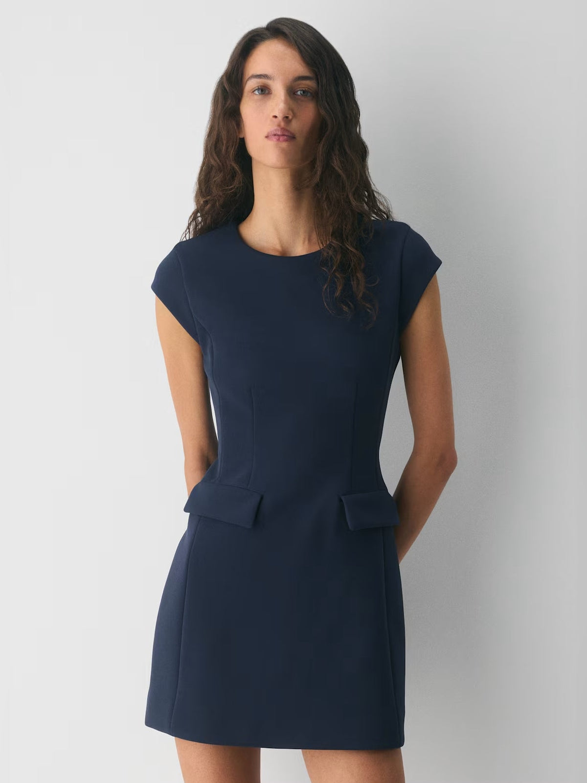 Dark blue cap-sleeve mini shift dress with patch pockets