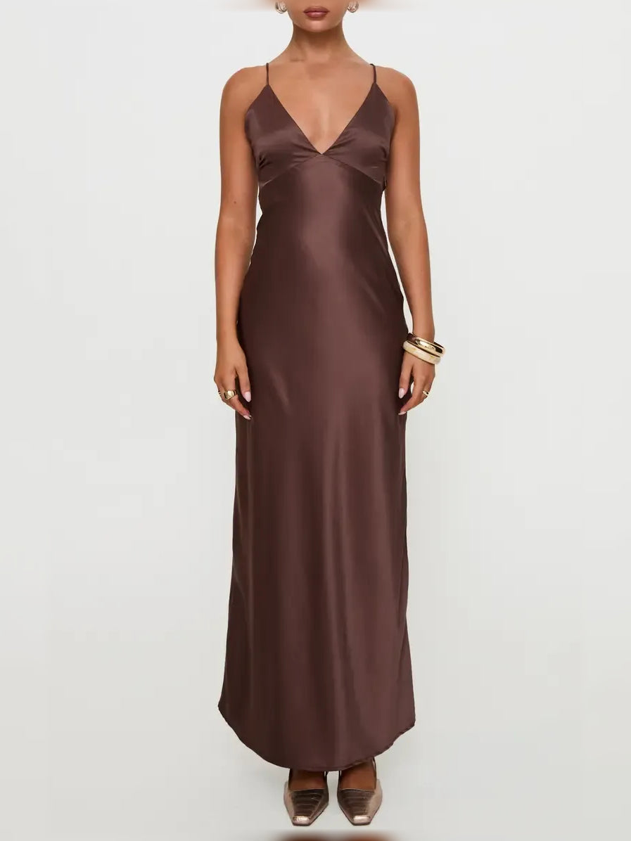 Chocolate satin V-neck spaghetti strap formal dress, full front view