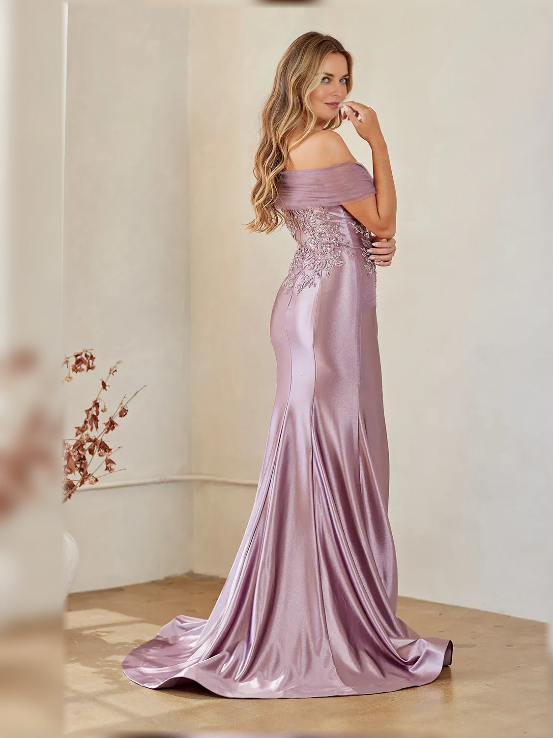 Wisteria off-shoulder beaded mermaid dress, side view, floor-length satin