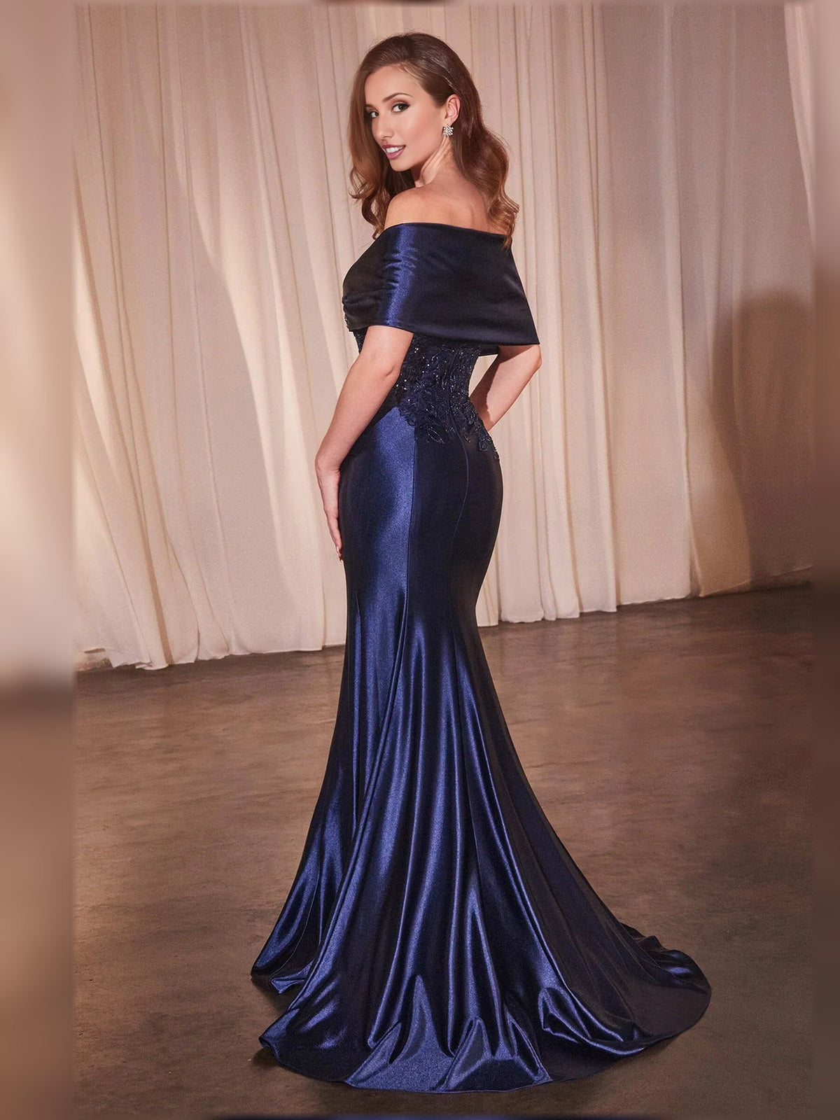 Navy off-shoulder mermaid formal dress with floral beaded detail, full-length fit