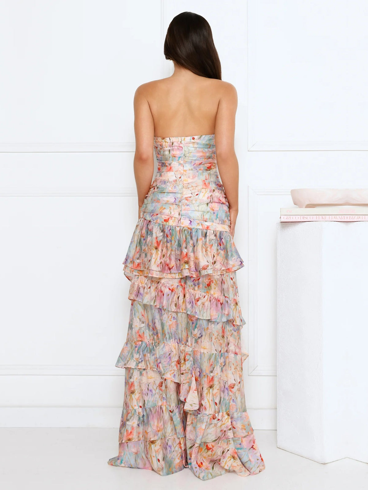 Print a-line maxi formal dress with floral print, full-length back view