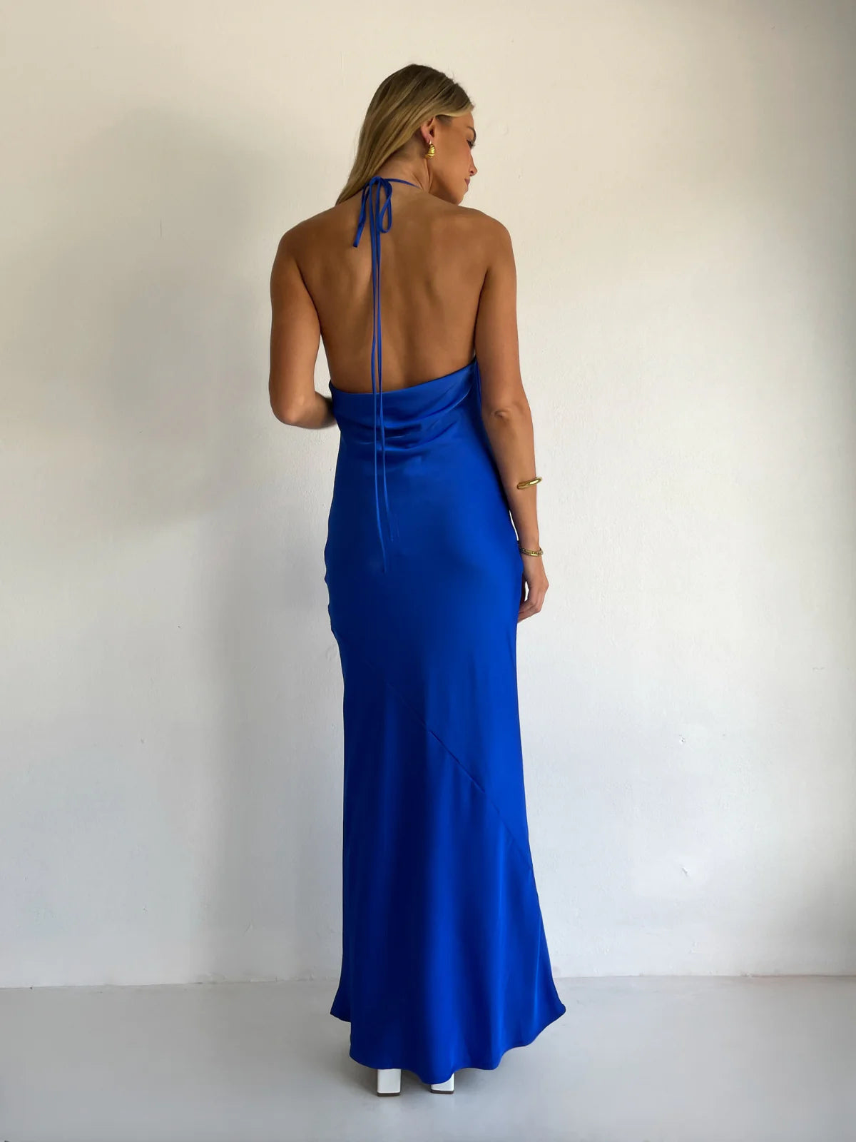 Cobalt sheath maxi formal dress with open back, full-length back view
