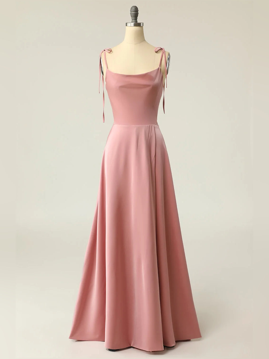 Dusty pink satin A-line maxi prom dress with cowl neckline and draped waist