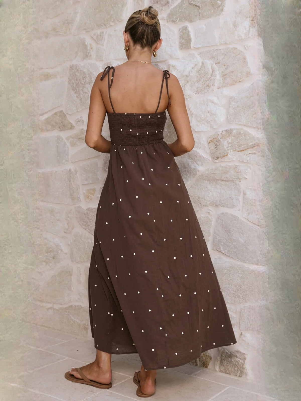 Chocolate a-line maxi formal dress with printed pattern, full-length back view