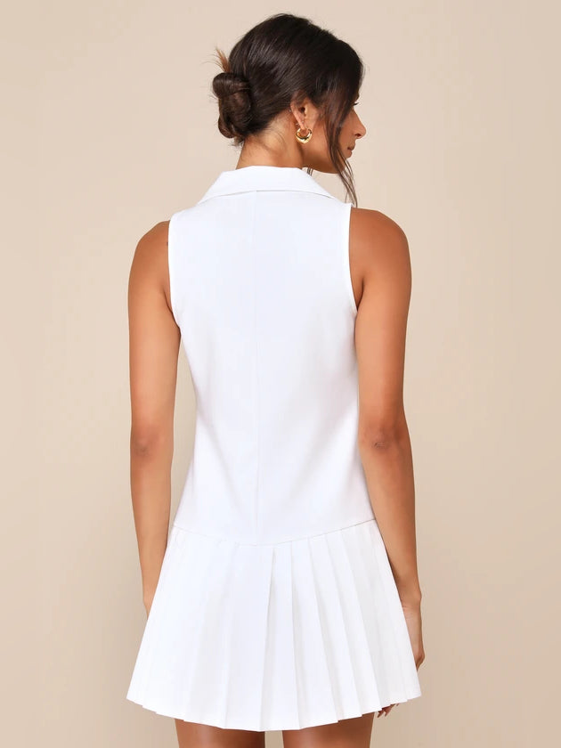 White pleated sleeveless mini homecoming dress, back view with fitted waist