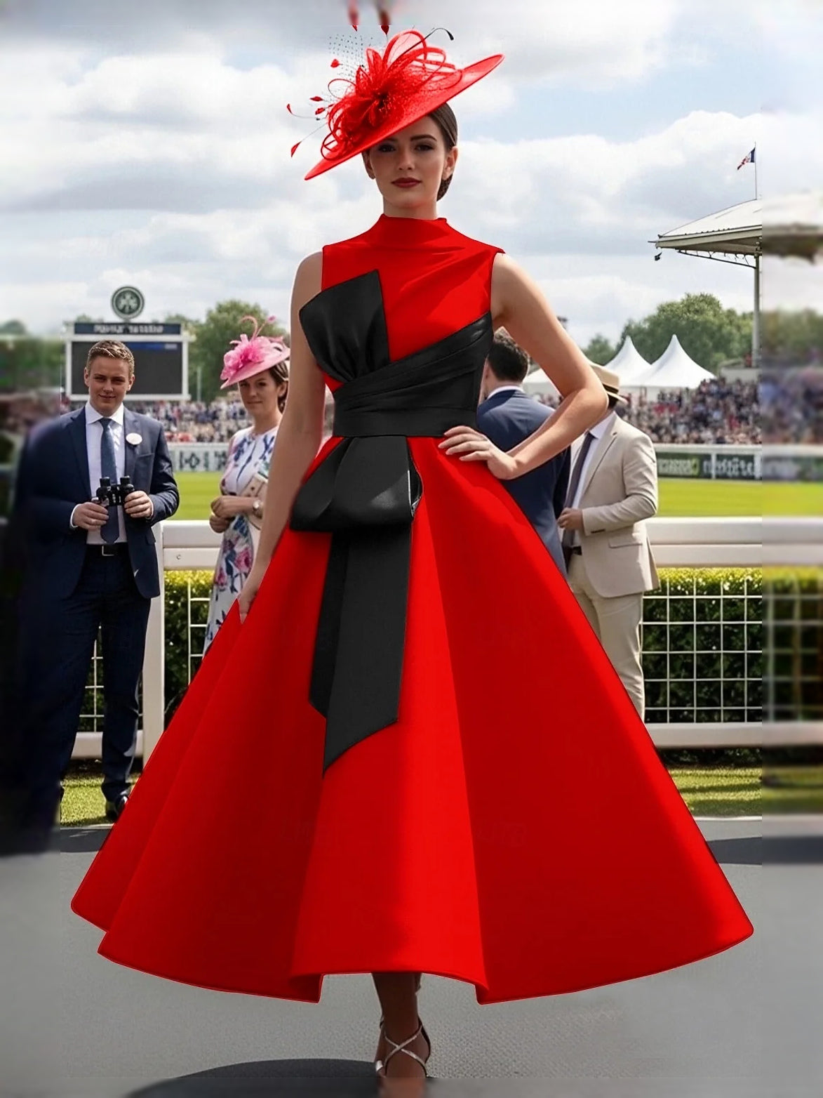 Red satin A-line midi prom dress with high neck and black diagonal waist sash