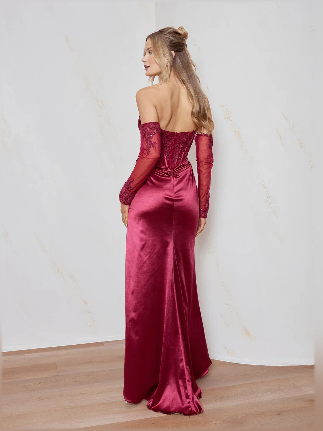Cherry satin sweetheart formal dress with off-shoulder back and long side slit