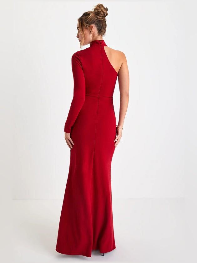 Red sheath maxi formal dress with cutout detail, full-length back view