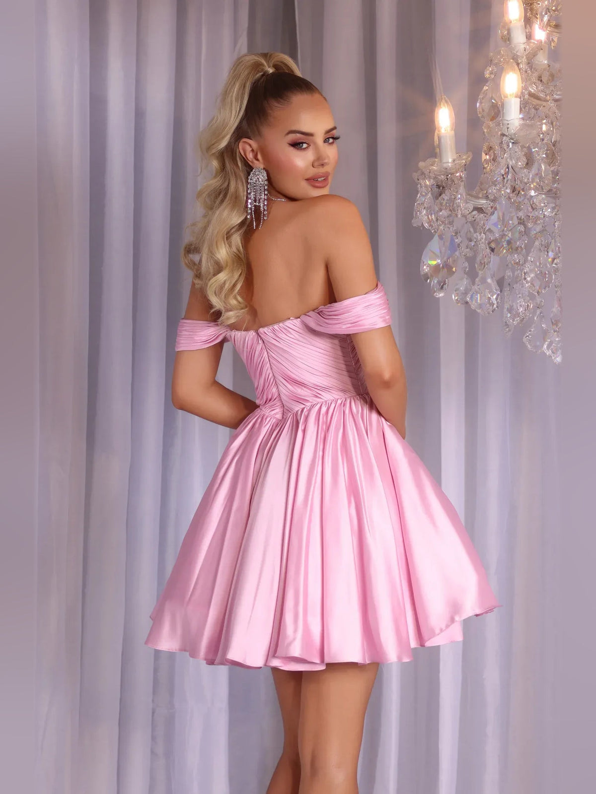 Pink satin off-shoulder A-line mini dress with ruched bust and pleated skirt