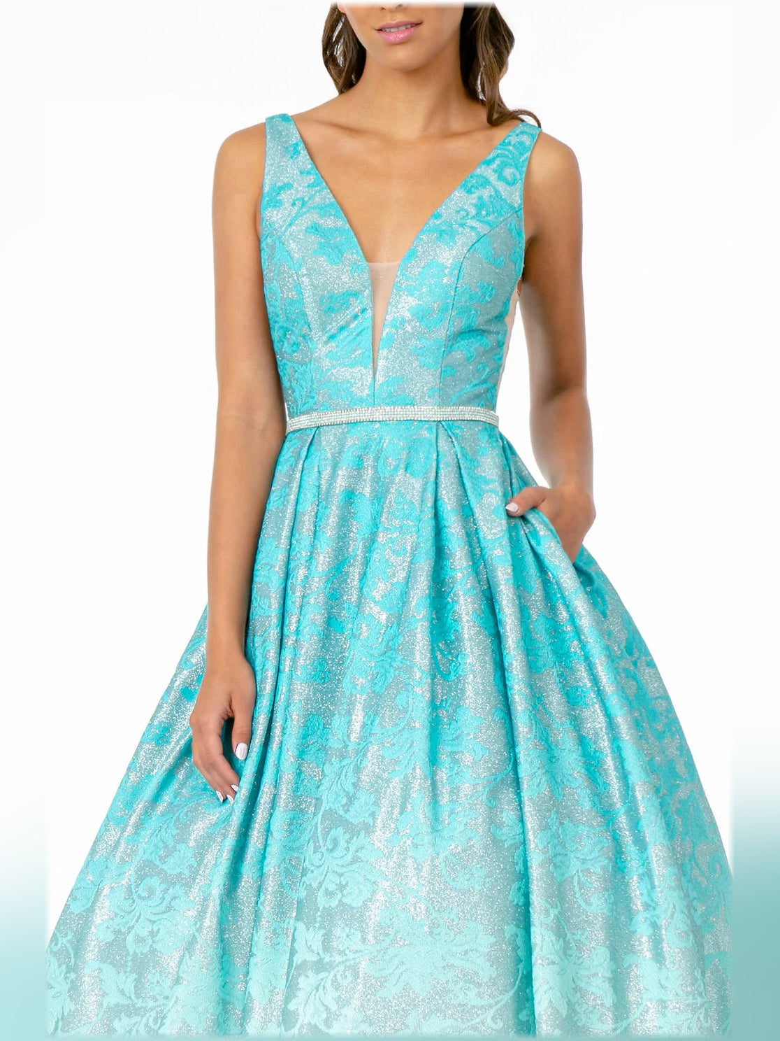 Mint green sleeveless ombre jacquard dress with plunging V-neck bodice and gathered skirt