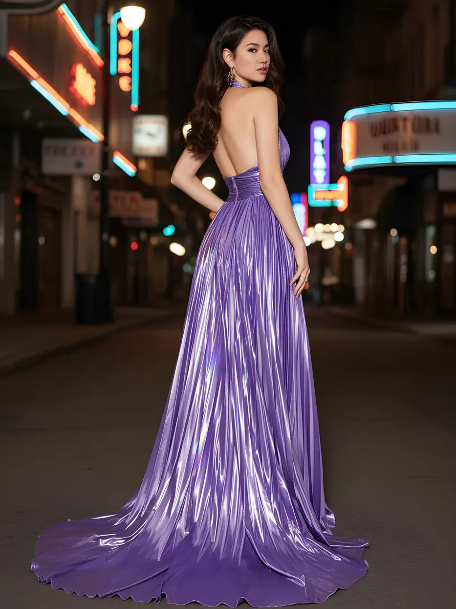 Purple halter-neck pleated formal dress, open back and long slit skirt