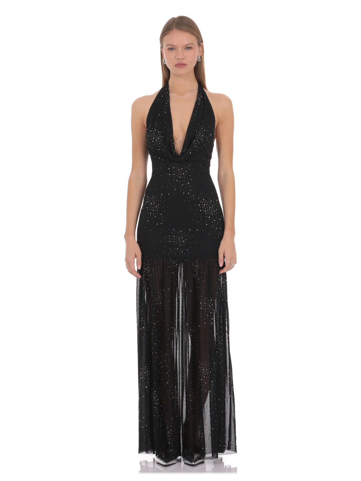 Black bridesmaid dress with halter neck neckline