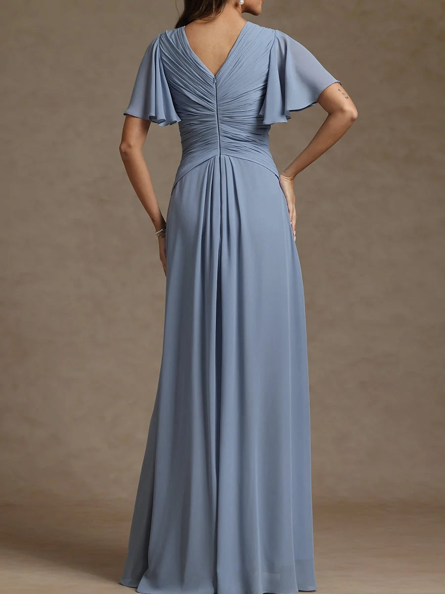 Dusty blue gathered V-neck A-line maxi dress with flutter ruffle sleeves