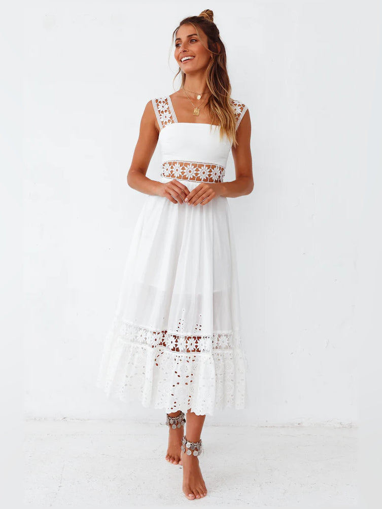 White a-line maxi formal dress with tiered skirt, alternate view