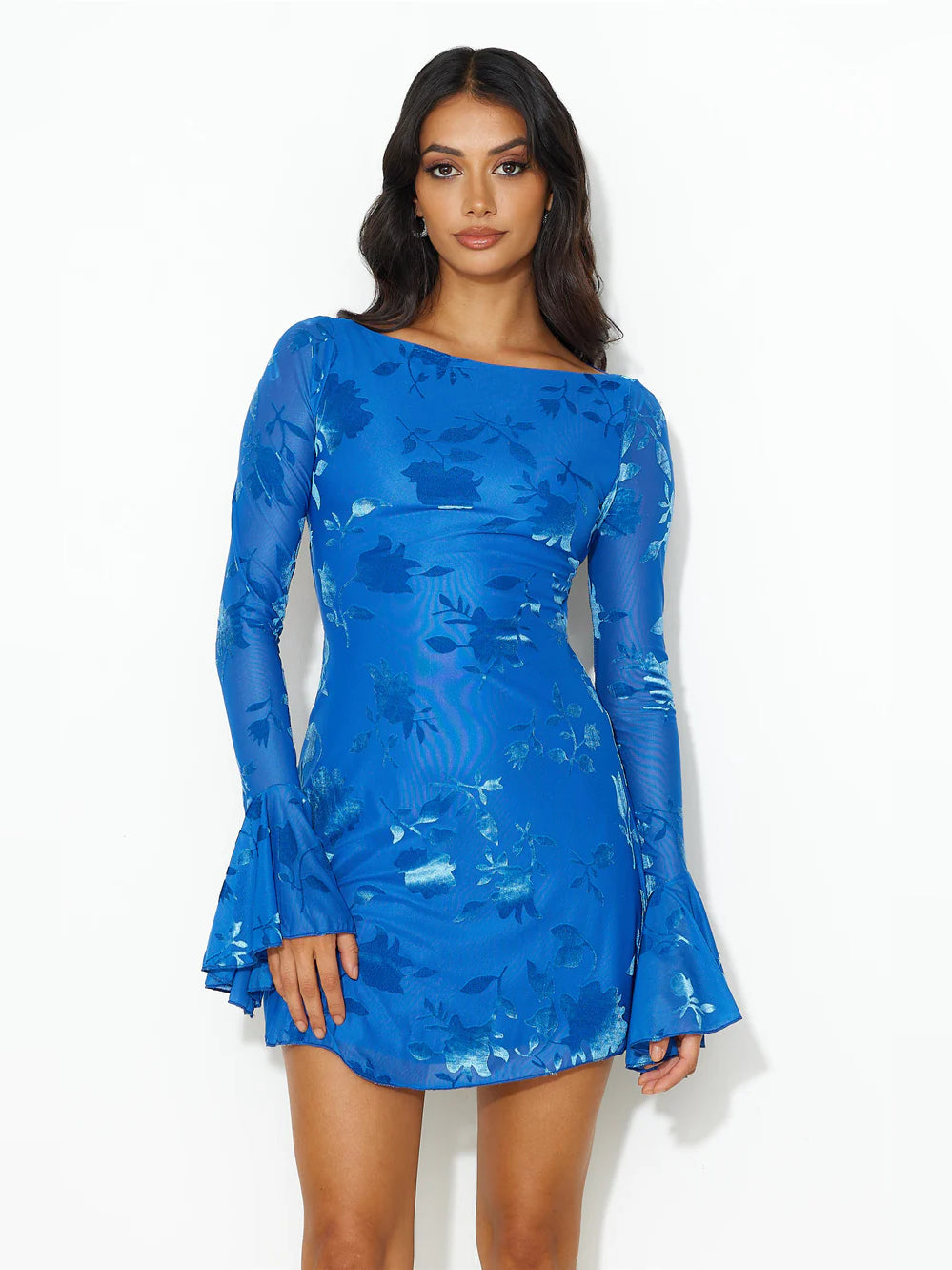 Blue long-sleeve mini dress with floral pattern, square neckline, and flared cuffs
