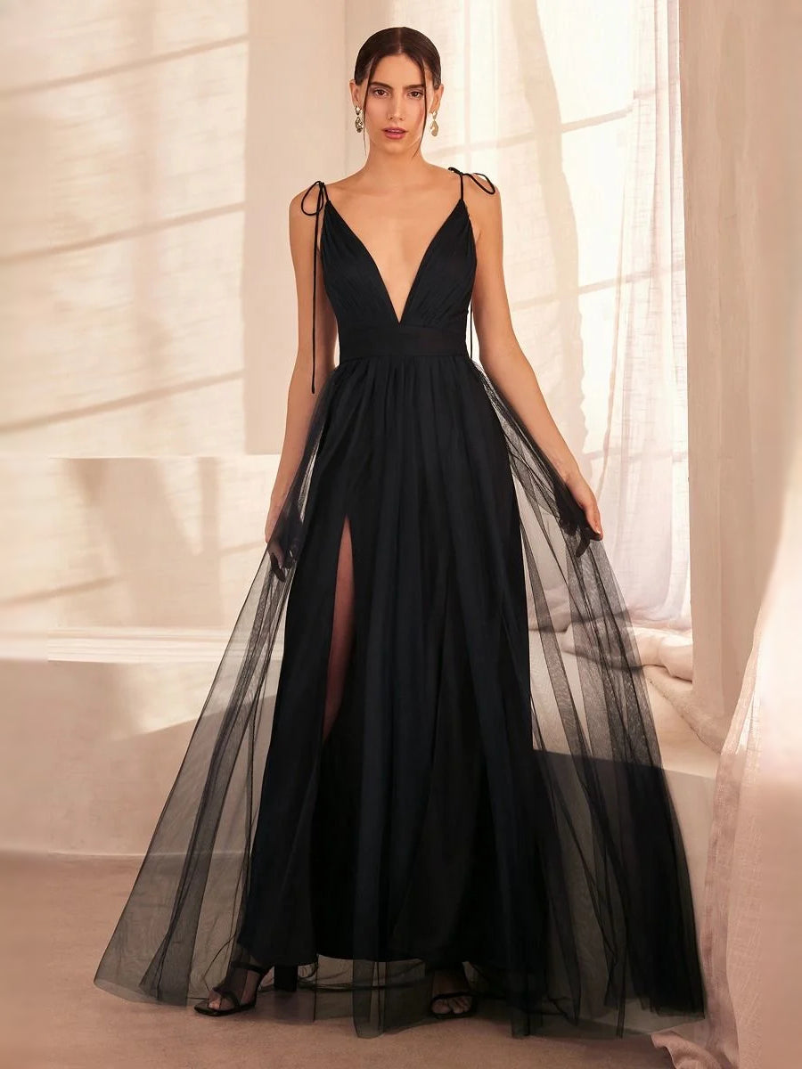 Black V-neck A-line maxi tulle prom dress with spaghetti straps and flared skirt