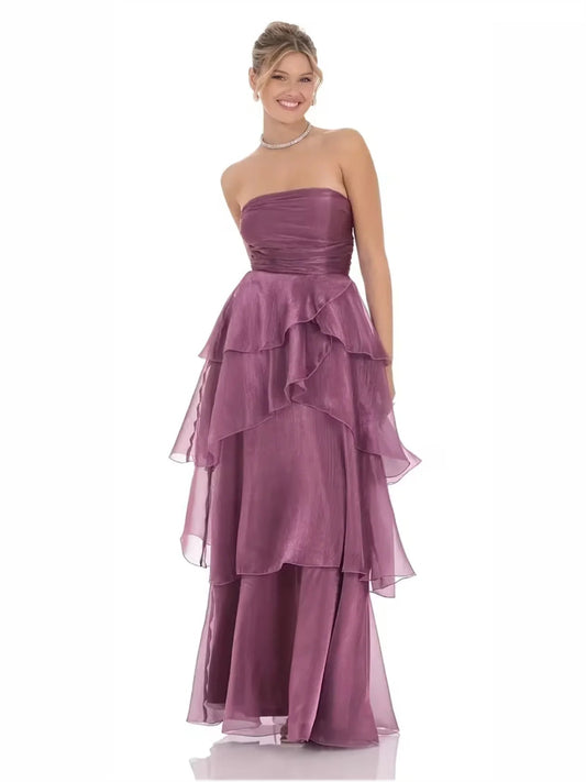 Purple strapless sweetheart A-line wedding dress with layered ruffle skirt, floor length