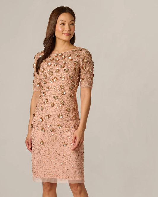 Apricot pink embellished midi dress with jewel neckline and 3/4 sleeves, front view