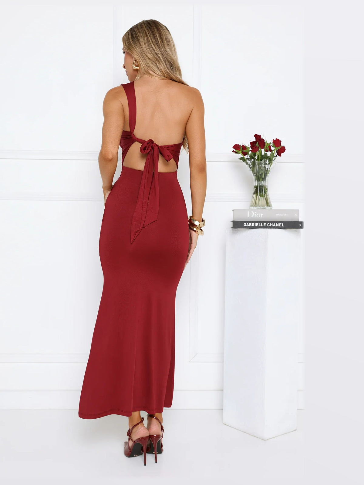 Burgundy maxi formal dress, back full-length view showing the bodice