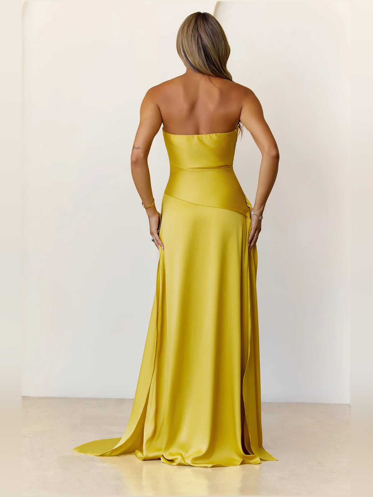 Lime a-line maxi formal dress with a-line, full-length back view