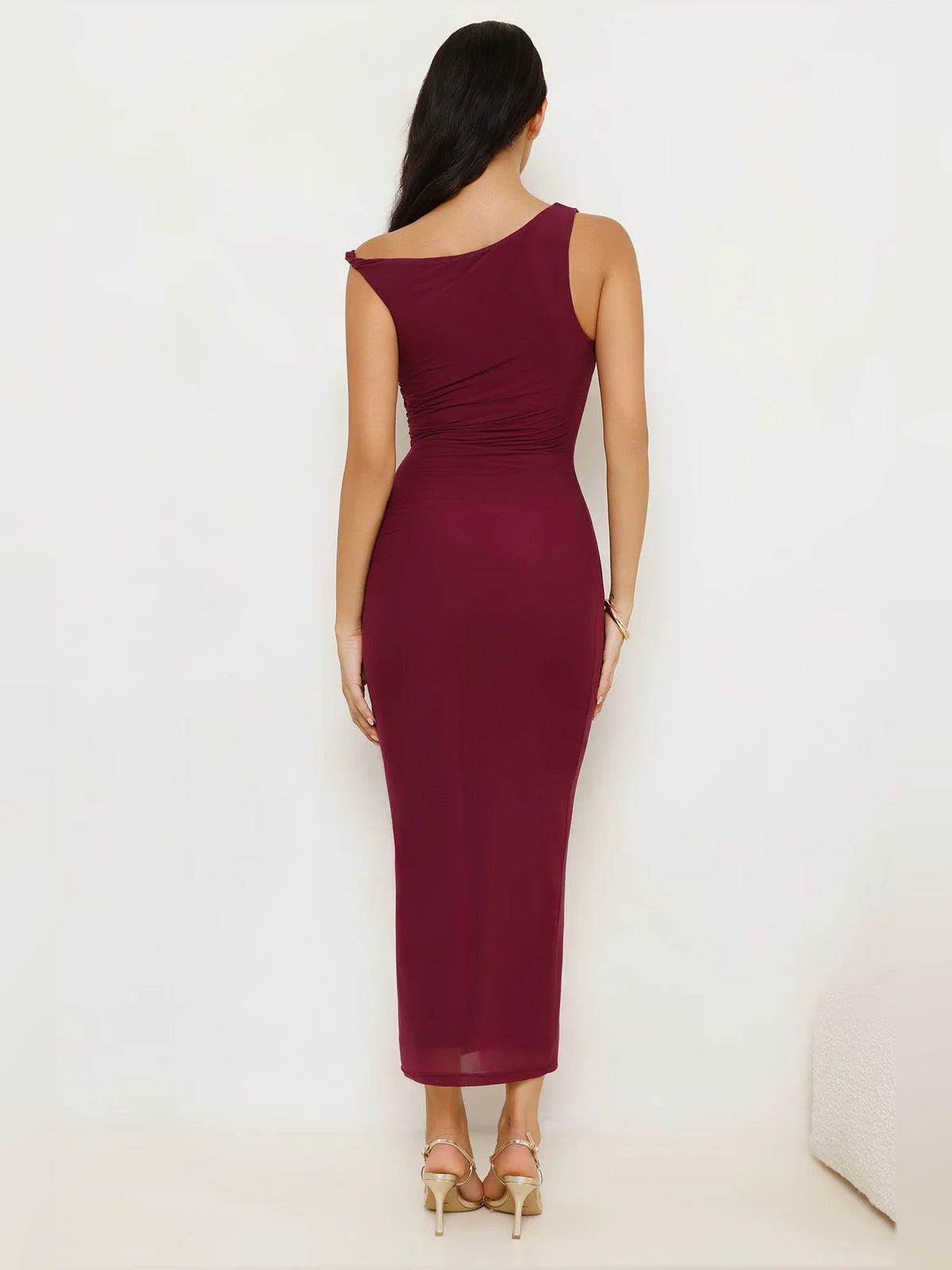 Burgundy sheath maxi formal dress with sheath, full-length back view