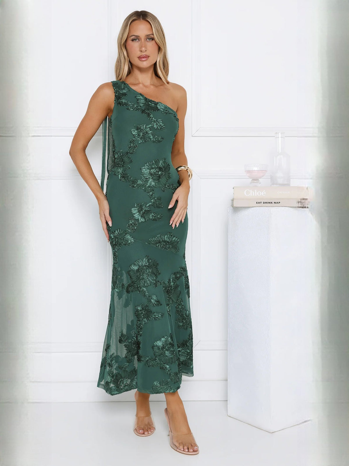 Teal sheath maxi formal dress with floral print, alternate full-length view