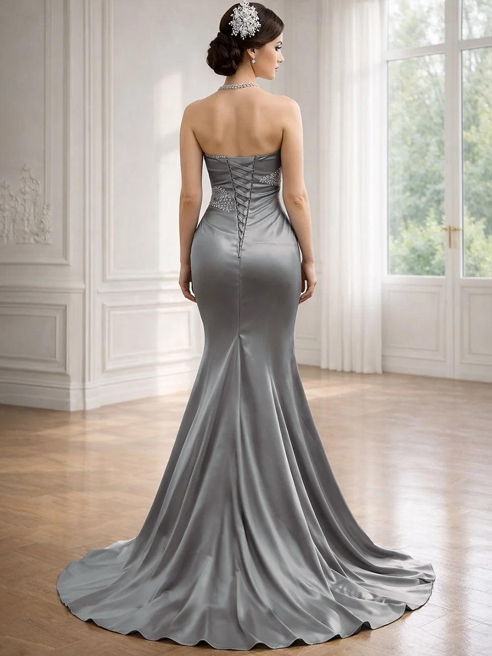 Strapless ruched satin mermaid prom dress in silver-gray with fitted corset back